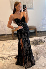 Mermaid Sheath Strapless Lace Prom Dress with Slit