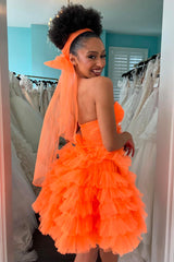 Orange Strapless Ruffle Ruched Tulle Short Homecoming Dress