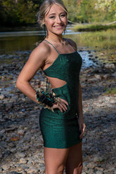 Dark Green Spaghetti Straps Short Homecoming Dresses Beaded