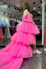 Hot Cute Pink Off-Shoulder A-line Tulle Layers Appliqued Hi-Low Prom Dress