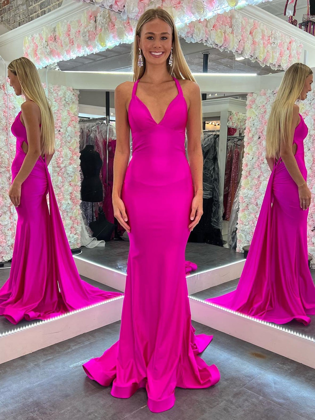 Mermaid Sheath Cute Pink V Neck Backless Satin Long Prom Dress