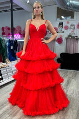 A-line V-Neck Tulle Prom Dress with Ruched Ruffles