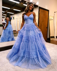 A-Line Deep V Neck Ruched Long Glitter Tulle Prom Dress