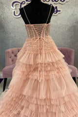Blushing Cute Pink Tulle Ruffle Layers Lace-Up Back A-Line Prom Dress