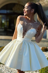 A-Line Illusion Neck Ivory Short Homecoming Dress with Beads