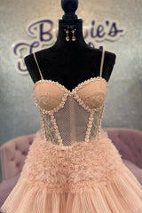 Blushing Cute Pink Tulle Ruffle Layers Lace-Up Back A-Line Prom Dress