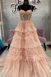 Blushing Cute Pink Tulle Ruffle Layers Lace-Up Back A-Line Prom Dress