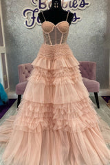 Blushing Cute Pink Tulle Ruffle Layers Lace-Up Back A-Line Prom Dress