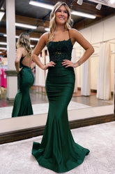 Mermaid Sheath Spaghetti Straps Dark Green Long Prom Dress with Appliqued
