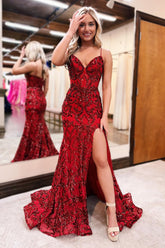 Red V Neck Sequins Lace Mermaid Sheath Prom Dresses with Slit