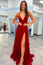 Red Velvet Plunge V Cross Back A-Line Long Formal Dress