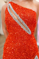 Orange One Sholder Sequins Mermaid Sheath Prom Dresses with Slit
