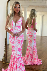 Cute Pink V Neck Sequin Lace Mermaid Sheath Prom Dress