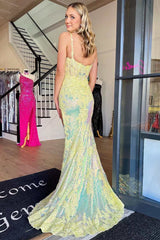 Yellow Sequin Appliqued Scoop Neck Mermaid Sheath Long Prom Dress with Slit