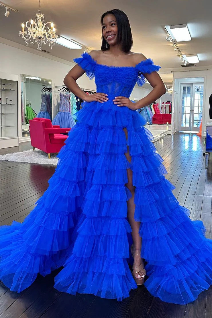 Royal Blue Off the Shoulder Ruffle Ruched Tulle Long Prom Dresses with Slit
