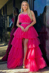 Fuchsia A-line High-Low Strapless Ruffled Tulle Prom Dress with Feathers