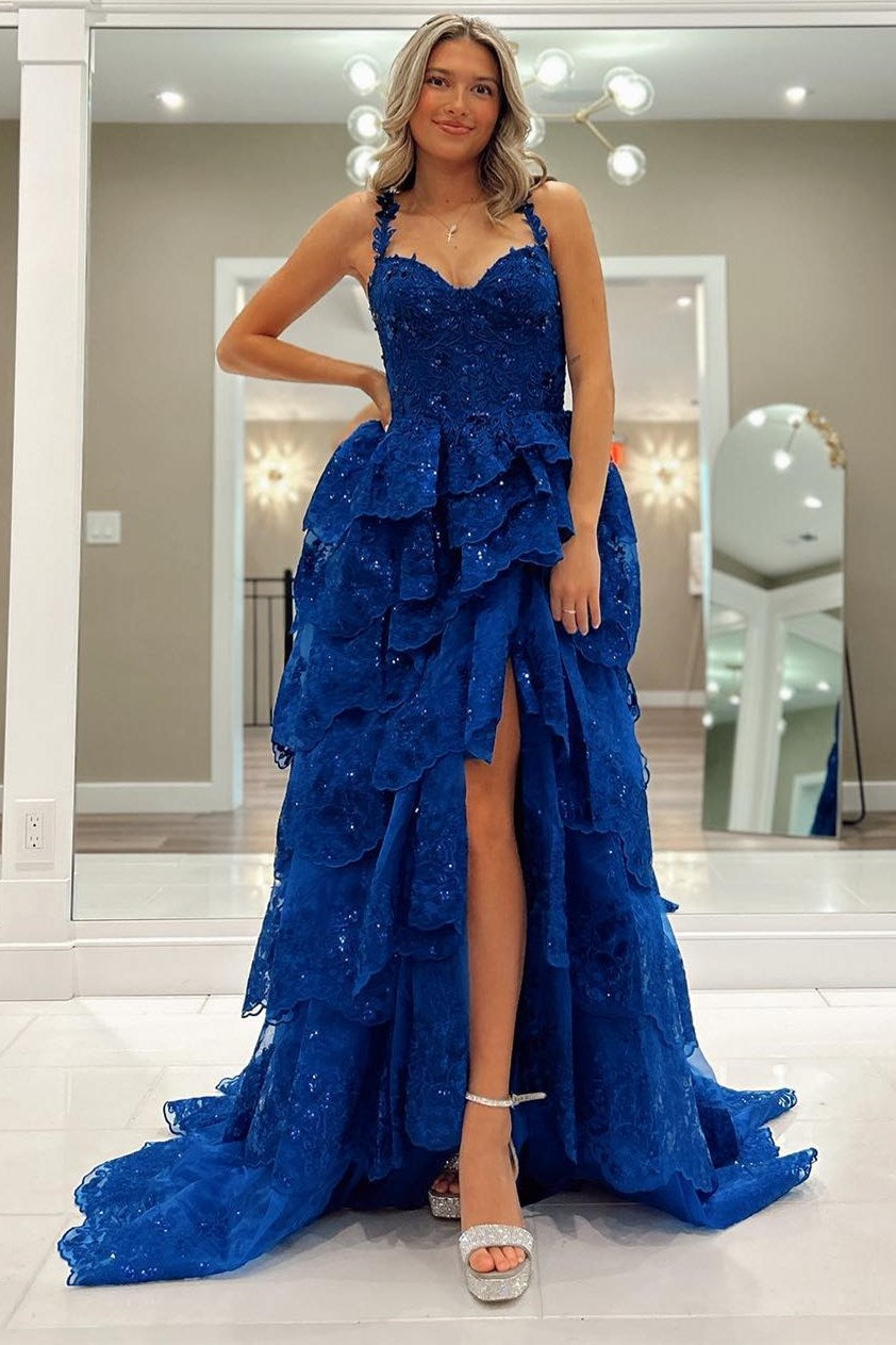 Blue Tulle Sequin Sweetheart Ruffle Ruched Long Gown