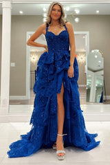 Blue Tulle Sequin Sweetheart Ruffle Ruched Long Gown