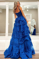 Blue Tulle Sequin Sweetheart Ruffle Ruched Long Gown