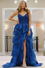 Blue Tulle Sequin Sweetheart Ruffle Ruched Long Gown