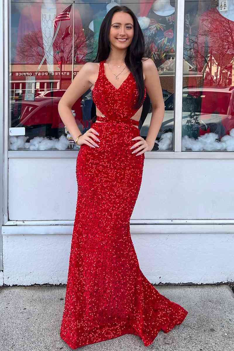 Red Mermaid Sheath V Neck Sequins Backless Long Prom Dress