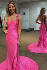 Hot Cute Pink Floral Straps Mermaid Sheath Satin Long Prom Dress
