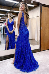Mermaid Sheath V Neck Sequined Lace Prom Dress with Slit
