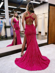 Glitter Red Mermaid Sheath V Neck Cut Out Prom Dress with Slit