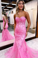 Mermaid Sheath Sweetheart Neck Lace Long Prom Dress With Appliqued