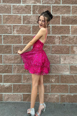 Hot Cute Pink A-Line Sequin Lace Short Homecoming Dresses