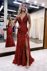 Mermaid Sheath V Neck Sequined Lace Prom Dress with Slit
