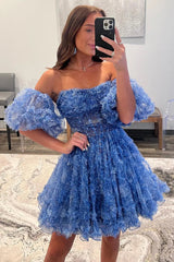 Blue Puff Sleeves Ruffles A-line Prints Homecoming Dress