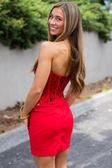 Red Sweetheart Short Party Dress with Cut Glass Mirrors