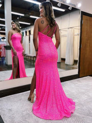Mermaid Sheath One-Shoulder Sequins Prom Dress With Tassels