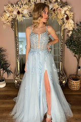 Light Blue Floral Lace Split Neck A-Line Prom Dress with Slit