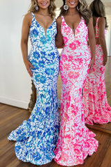 Cute Pink V Neck Sequin Lace Mermaid Sheath Prom Dress