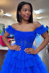 Royal Blue Off the Shoulder Ruffle Ruched Tulle Long Prom Dresses with Slit