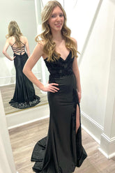 Black V Neck Satin Mermaid Sheath Long Prom Dresses with Slit