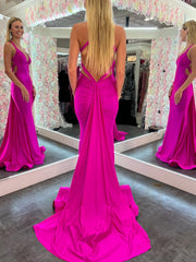 Mermaid Sheath Cute Pink V Neck Backless Satin Long Prom Dress