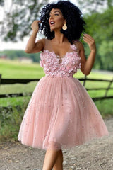 A-Line Beaded Tulle Homecoming Dress with Flowers