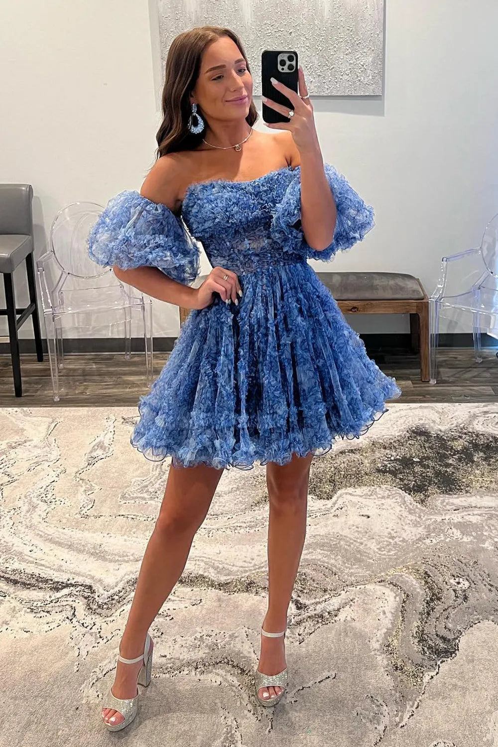 Blue Puff Sleeves Ruffles A-line Prints Homecoming Dress
