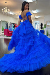Royal Blue Off the Shoulder Ruffle Ruched Tulle Long Prom Dresses with Slit