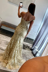 Gold Sequin Lace Off the Shoulder Mermaid Sheath Prom Dress