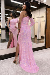 Cute Pink Mermaid Sheath One Shoulder Sequins Prom Dress