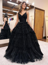 A-Line Deep V Neck Ruched Long Glitter Tulle Prom Dress