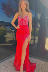 Royal Blue Sweetheart Beaded Mermaid Sheath Long Prom Dresses with Slit