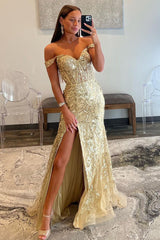 Gold Sequin Lace Off the Shoulder Mermaid Sheath Prom Dress