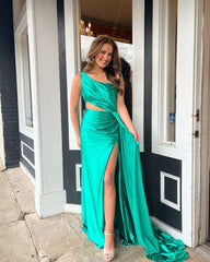 Charming Mermaid Sheath One Shoulder Satin Prom Dresses with Slit