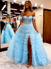 Ingrid |A Line Sweetheart Ruched Tulle Long Prom Dress With Slit