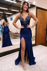 Mermaid Sheath Spaghetti Straps Satin Prom Dress with Beading